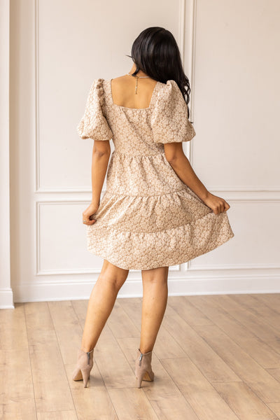 Beige Jacquard Puff Sleeve Baby Doll Dress
