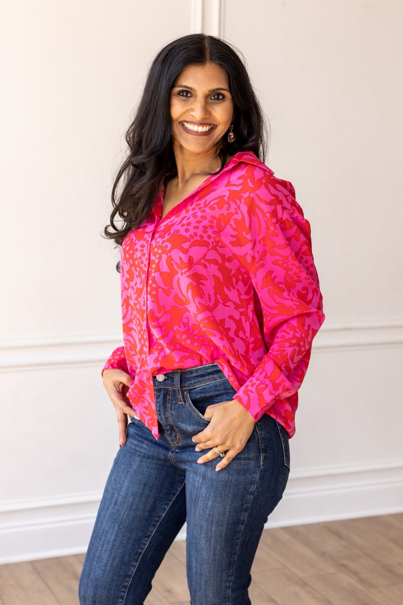 The Kathryn Hot Pink Abstract Floral Button Down Top
