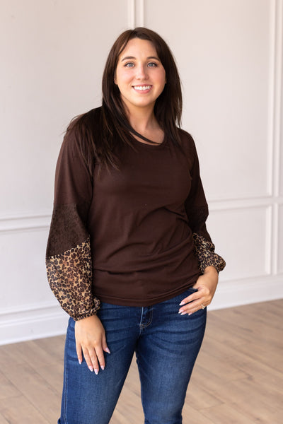 Brown Top with Leopard Puff Sleeve