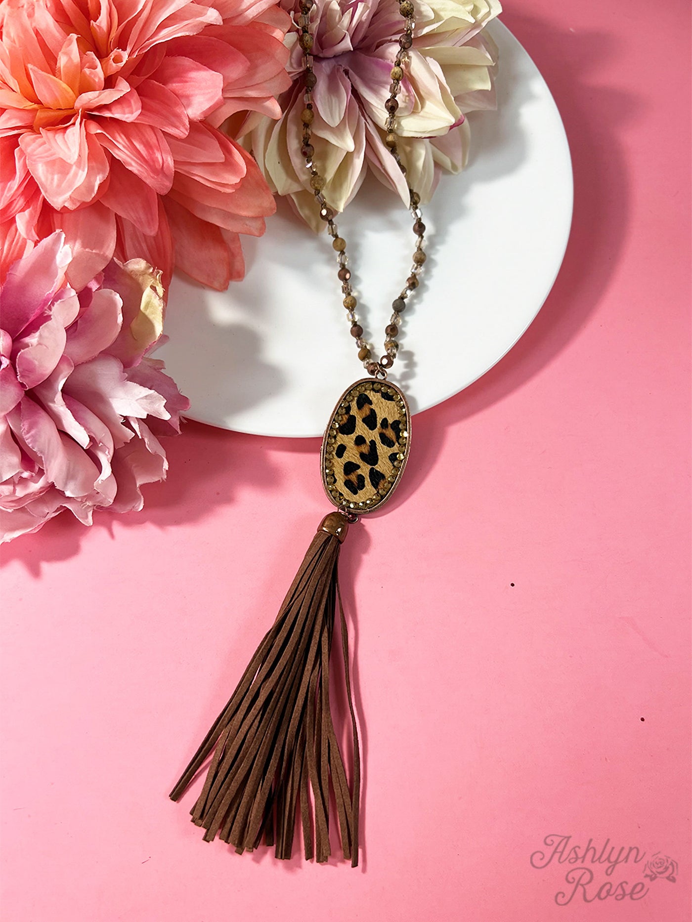 Leopard & Honey Crystal Oval Pendant Beaded Necklace