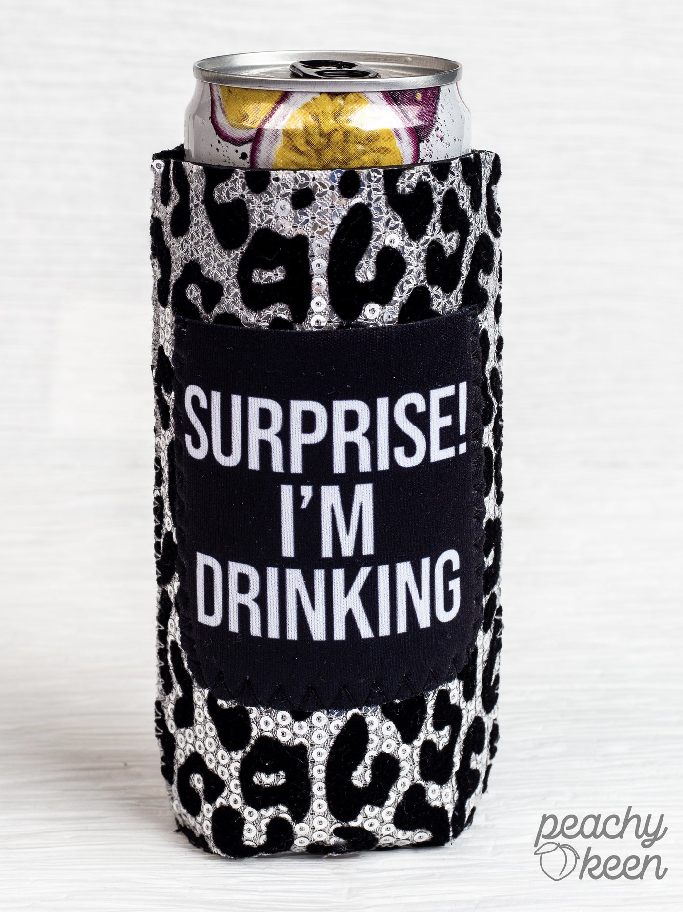 Peachy Keen Surprise! I'm Drinking Sequin Can Coolers For Slim Can (Set of 3)