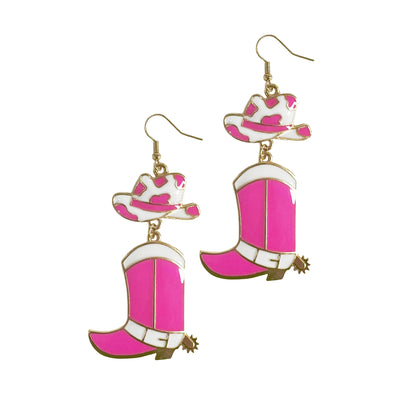 All Dolled Up Enamel Cowgirl Hat and Boots Drop Earrings in Hot Pink