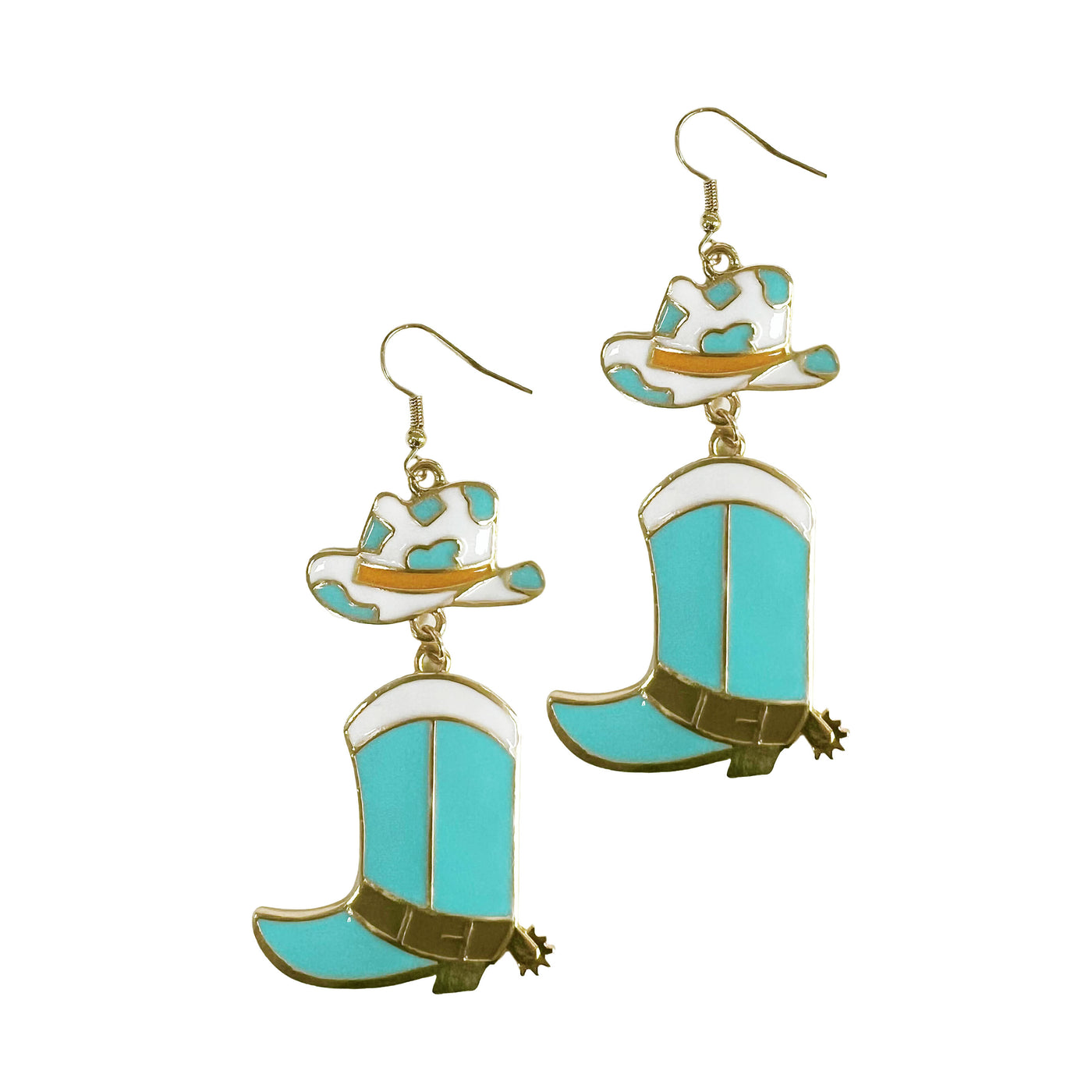 Enamel Cowgirl Hat and Boots Drop Earrings in Turquoise