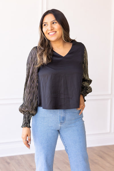 Glamour Gaze Black Top with Shimmer Sleeves