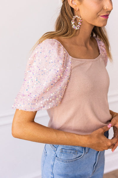 Rose Quartz Sparkle Puff Sleeve Top