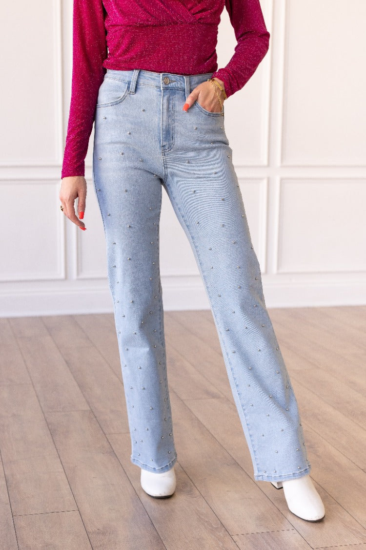 The Amelie Light Wash Straight Leg Jean with Studs