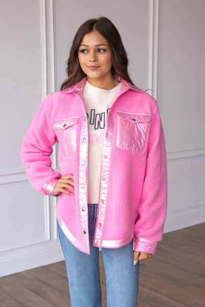 Hey Darling Bubble Gum Pink Button Up Sherpa