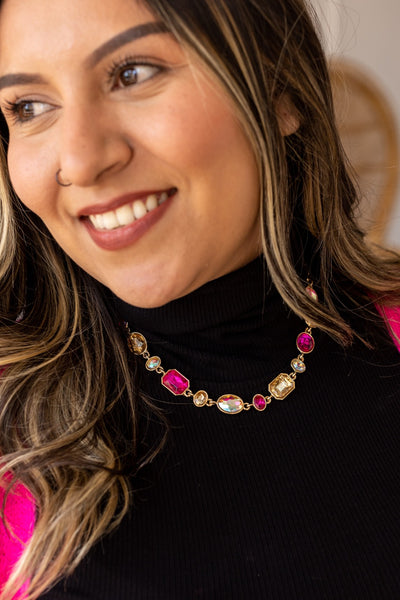 Blushing Romance: Pink Bejeweled Single Strand Necklace
