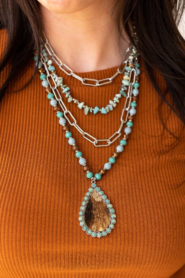 Desert Dreams Four-Strand Necklace with Cowhide Teardrop Pendant