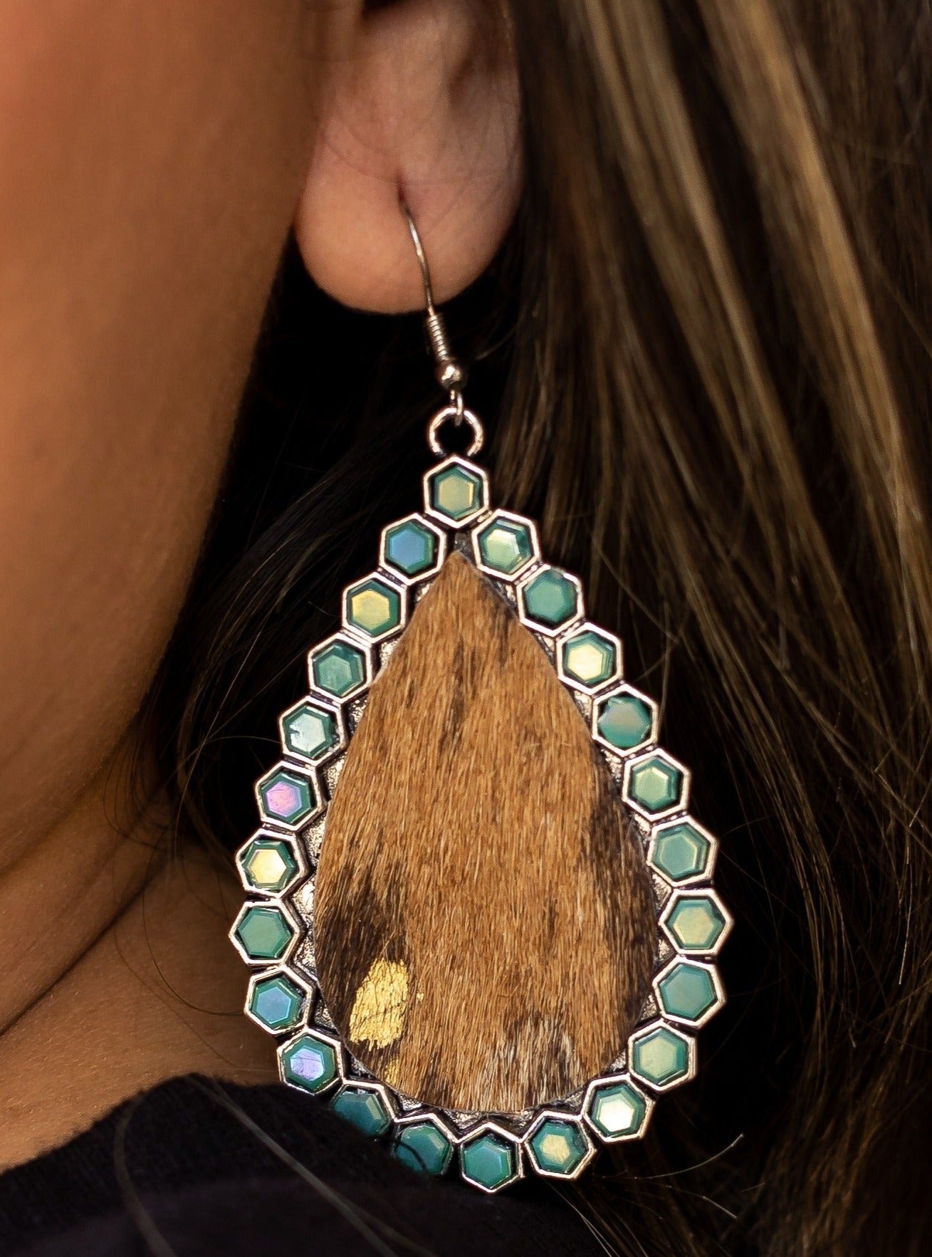 Desert Dreams Cowhide Teardrop Earrings with Turquoise Stones
