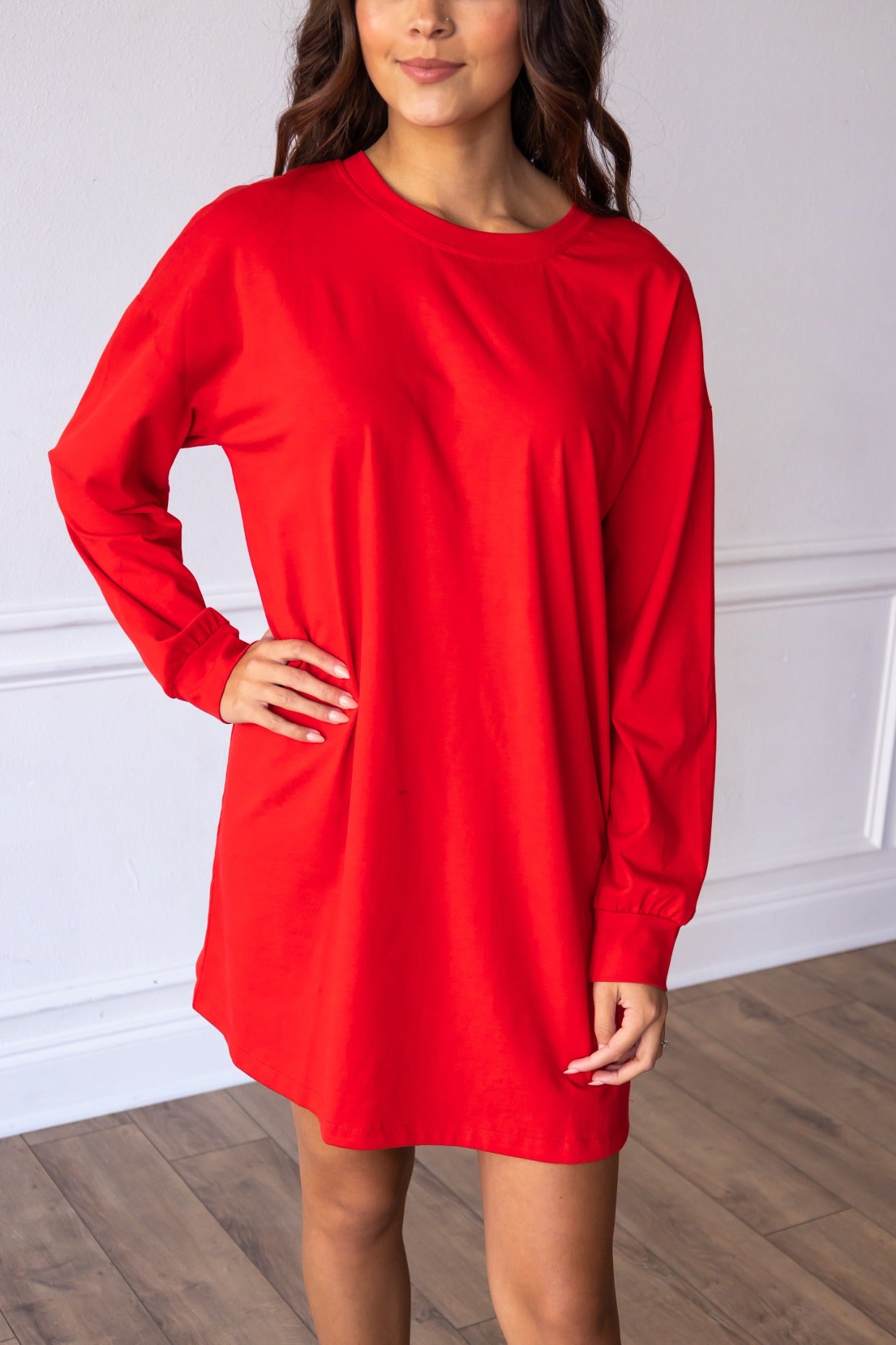 Red Long-sleeved Tee Shirt Dress