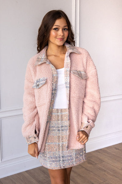 Blush Pink Sherpa With Sequin Plaid