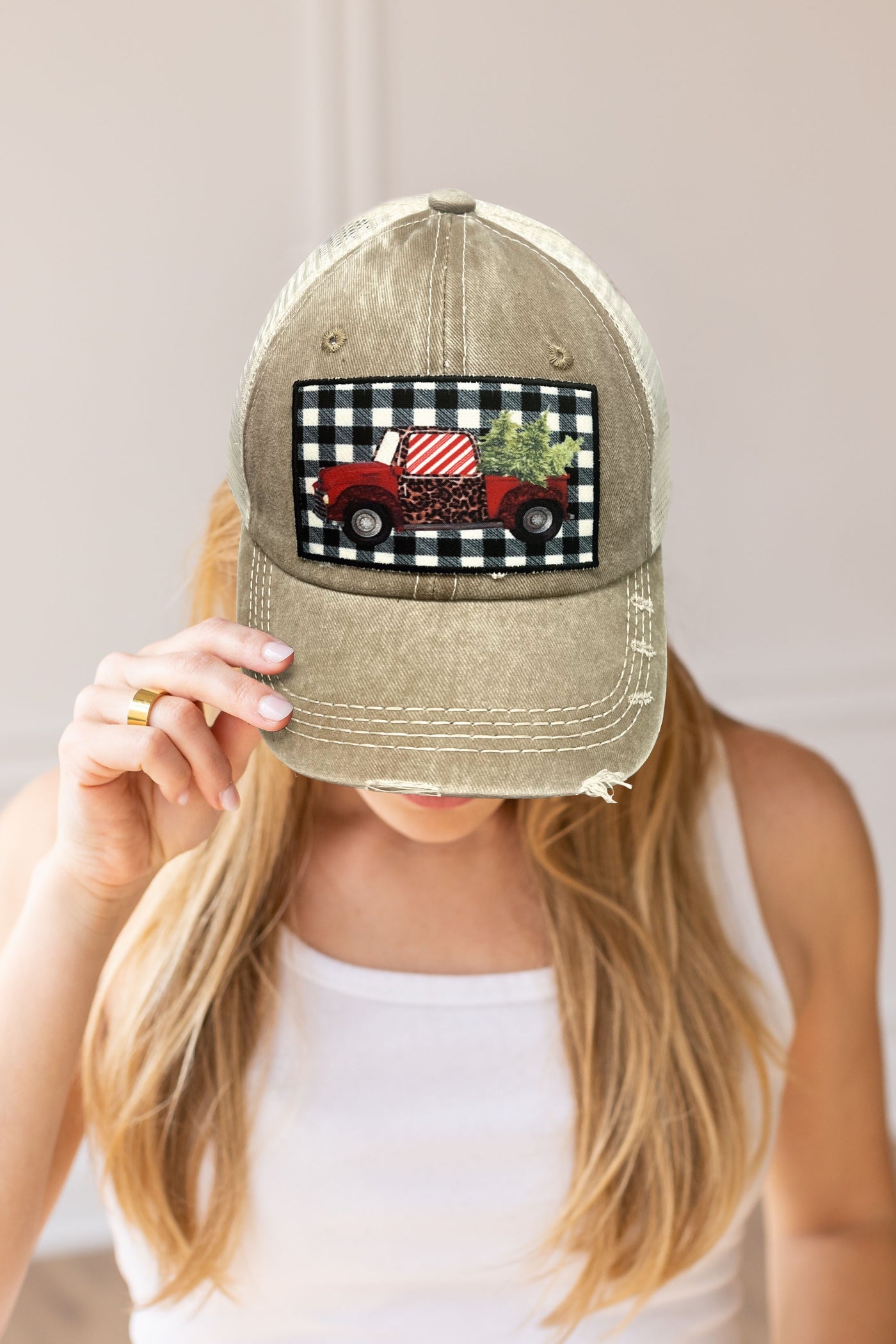 Festive Truck Patch on Tan Distressed Hat with Ivory Mesh