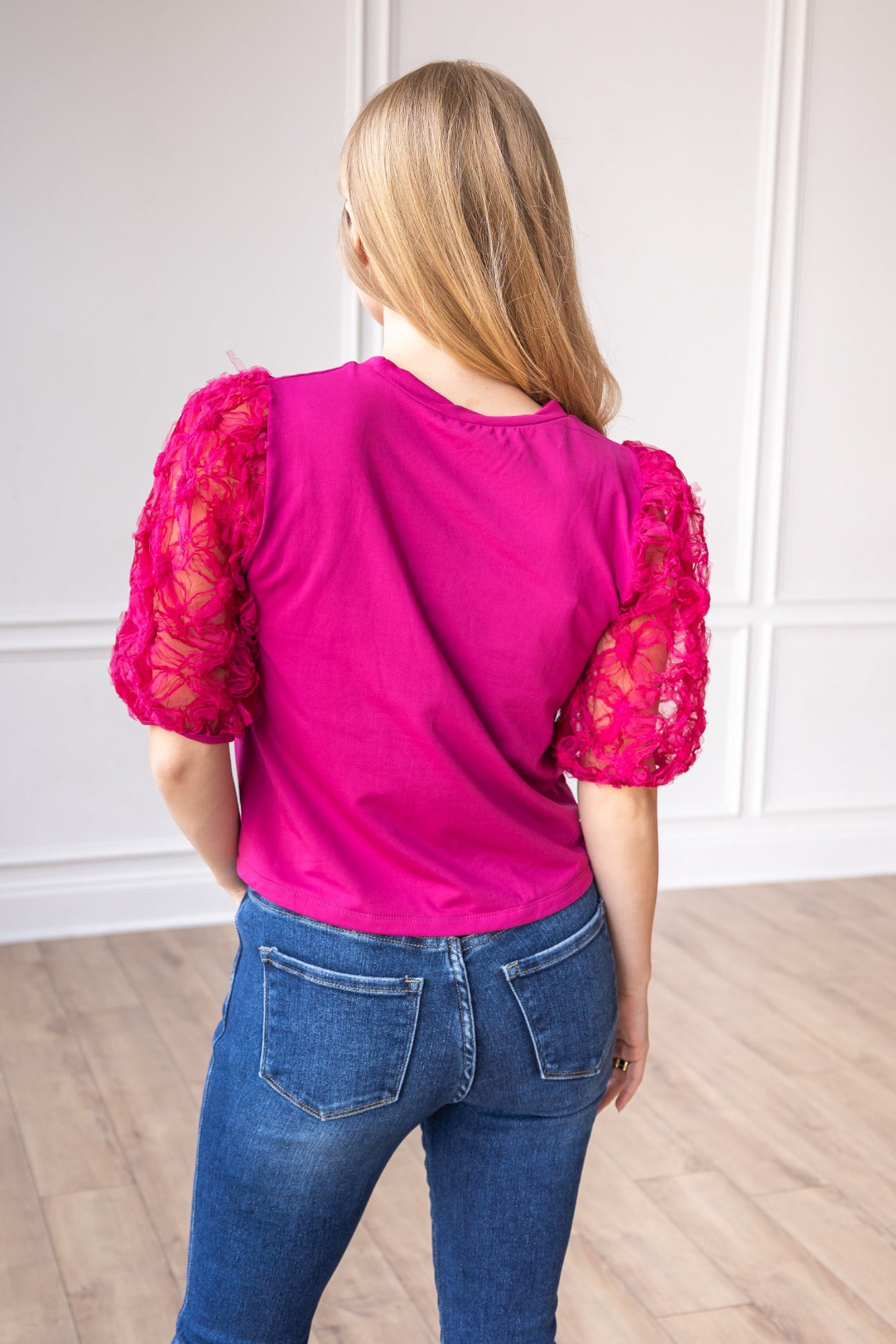 Midnight Blossom Magenta Floral Puff Sleeve