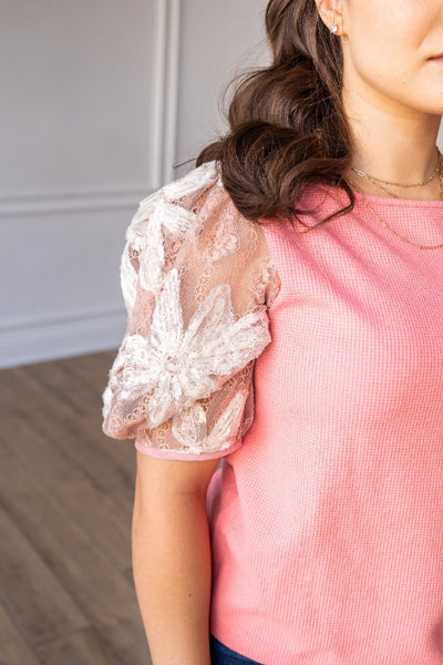 Midnight Blossom Pink Sequins Floral Puff Sleeve