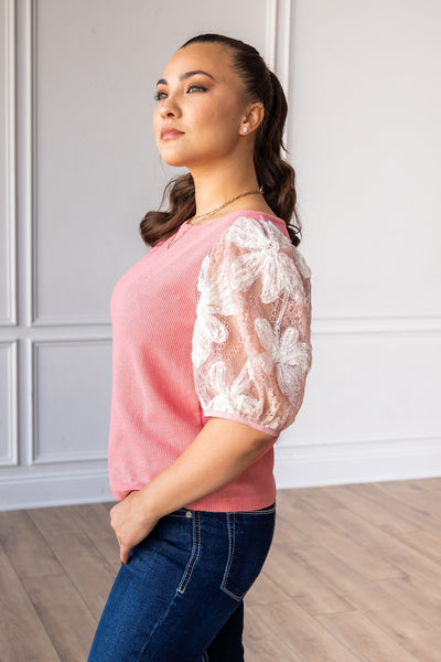 Midnight Blossom Pink Sequins Floral Puff Sleeve
