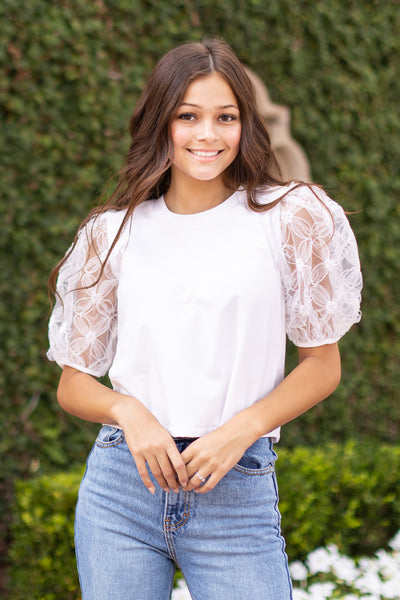 Midnight Blossom White Floral Puff Sleeve