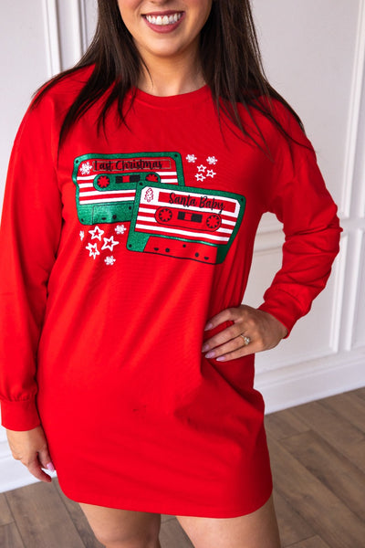 Christmas Cassettes on Red Long sleeve Sweater Dress