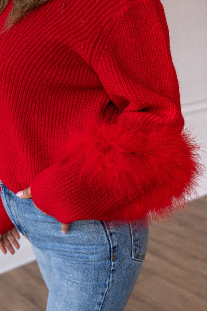 Red Knit Feather Sweater