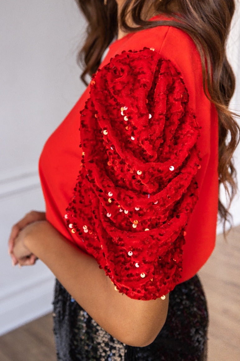 She's The One Red Puff Sequin Sleeve Top