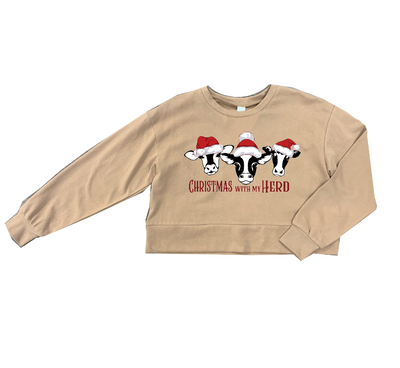 Christmas With My Herd" on Carmel Macchiato Tan Cropped Sweatshirt