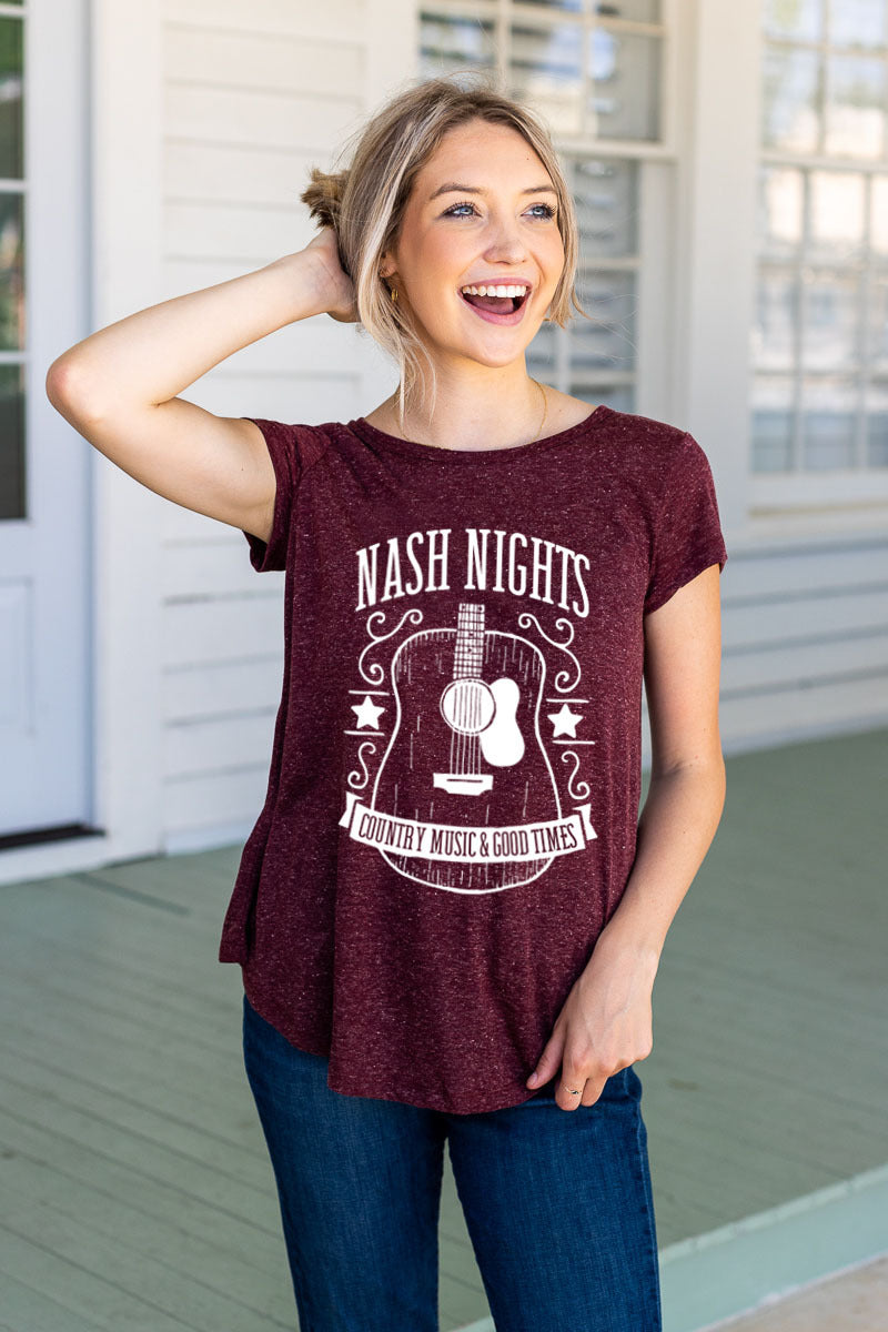 Nash Nights Tee on Maroon Heathered Rodeo Revival