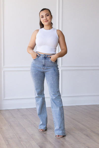 The Haley Light Wash Crystal Studded Straight Leg Jeans