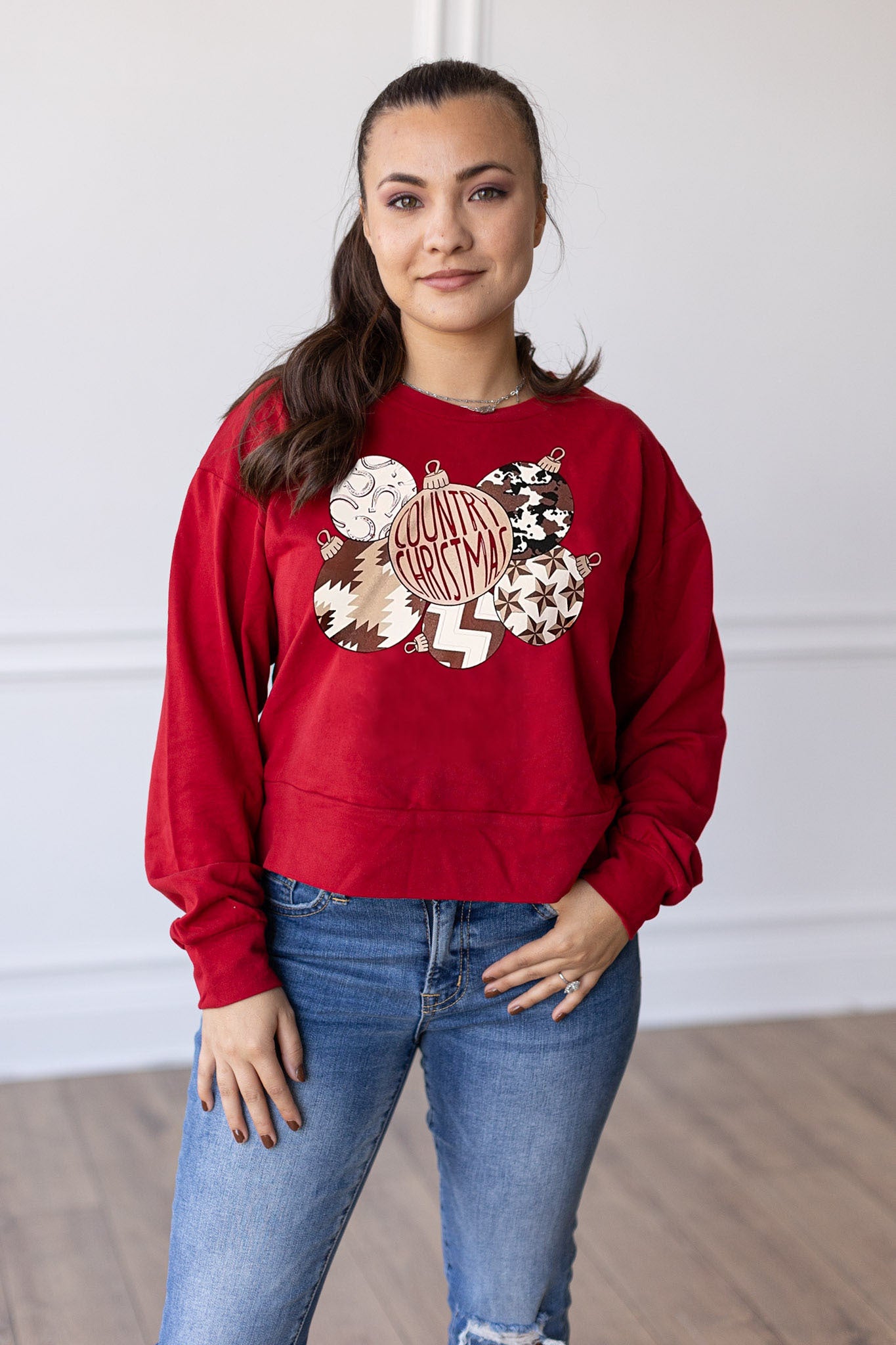 Country Christmas Ornaments on Strike Your Interest Red Crop Sweatshirt