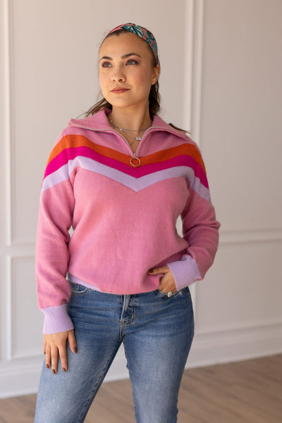 Vintage Vibes Pink Quarter Zip Sweater