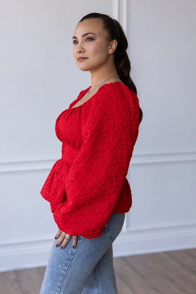 Crimson Passion Jacquard Peasant Blouse