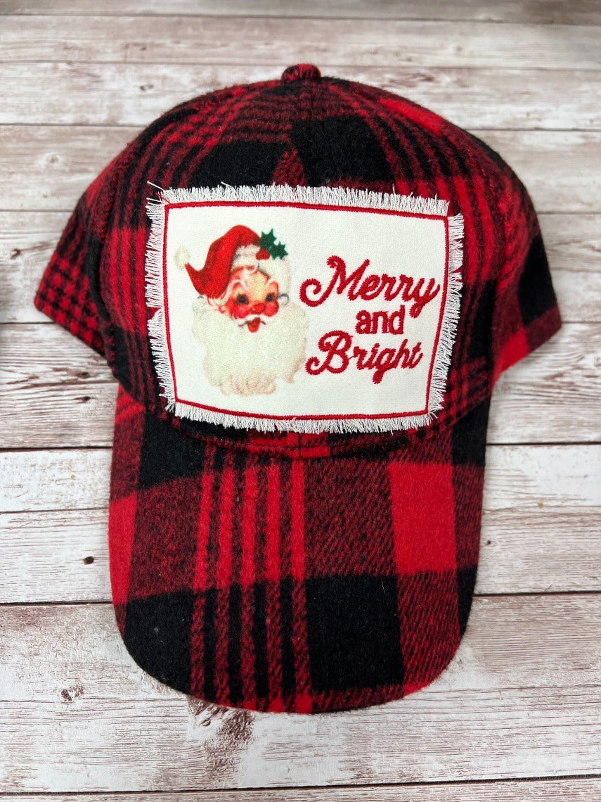 Merry & Bright Patch on Buffalo Plaid Flannel Hat