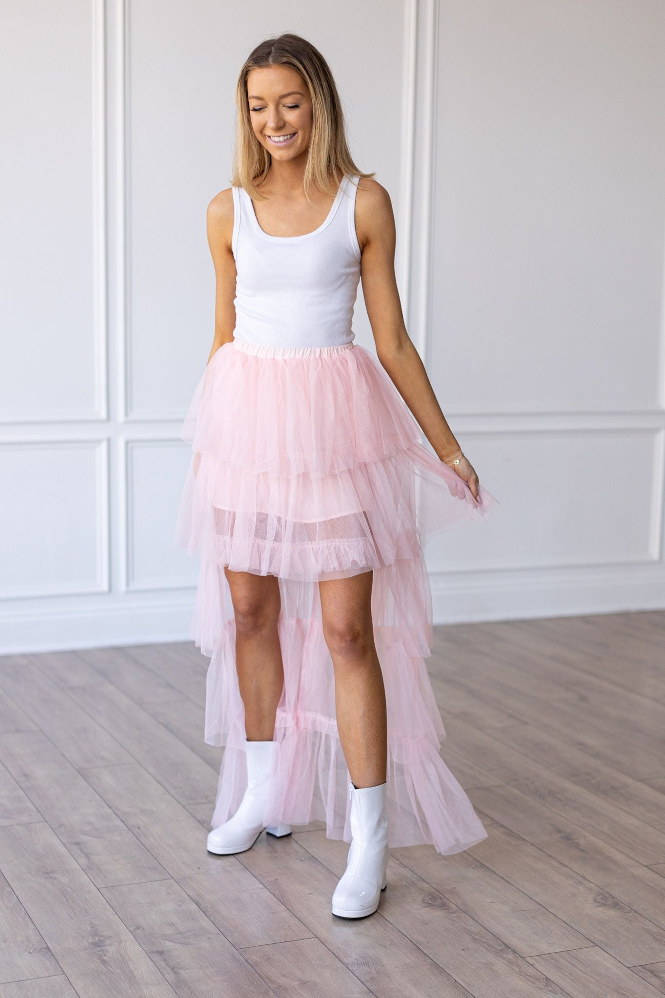 Pink Tulle Ruffled High-Low Skirt