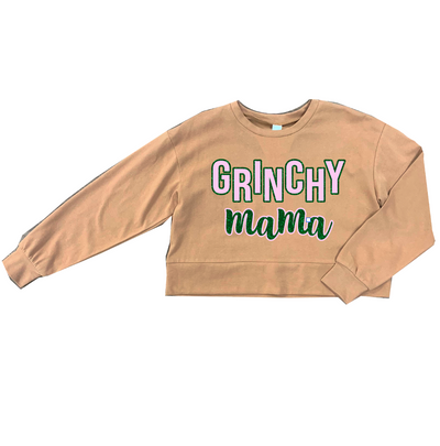 Grinchy Mama on Carmel Macchiato Tan Cropped Sweatshirt