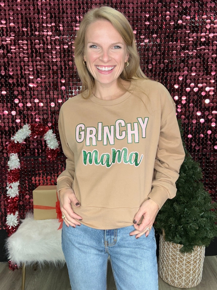 Grinchy Mama on Carmel Macchiato Tan Cropped Sweatshirt