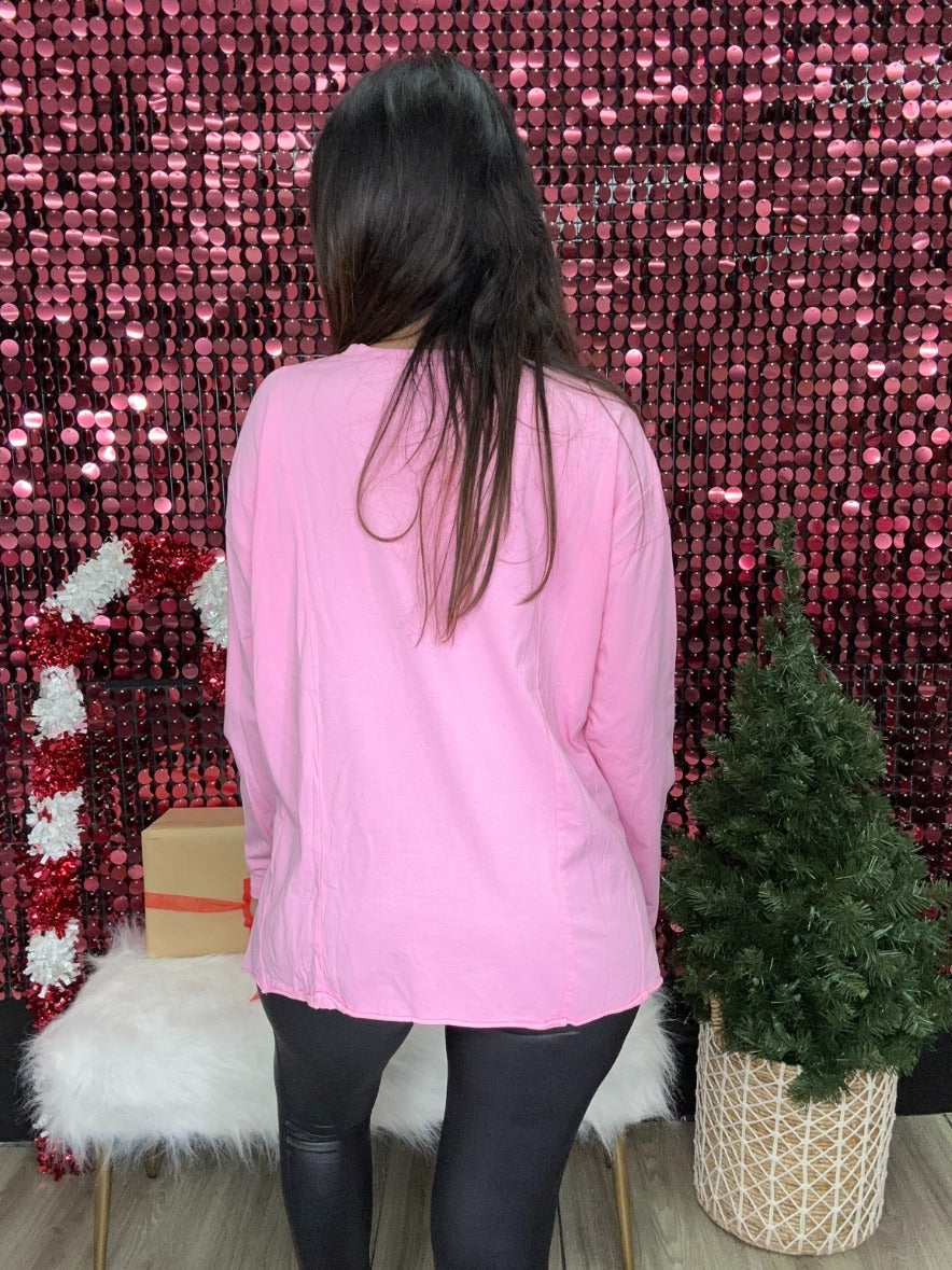 HoHoHo Pink Longsleeve Tshirt With Side Stitching