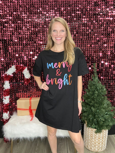 Merry & Bright on Black T-Shirt Dress