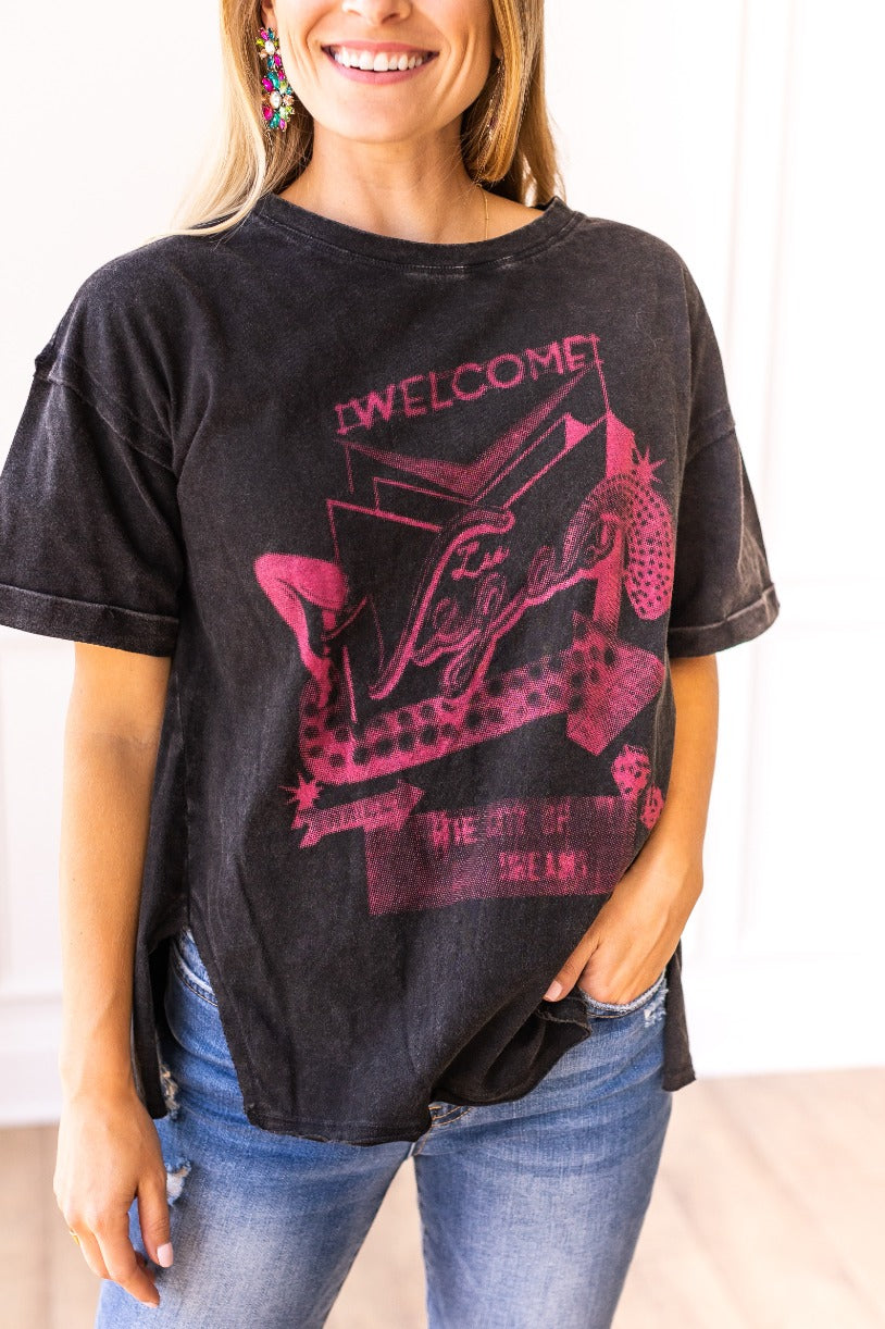 Welcome Las Vegas on Black Side Slit Crop with Raw Stitching