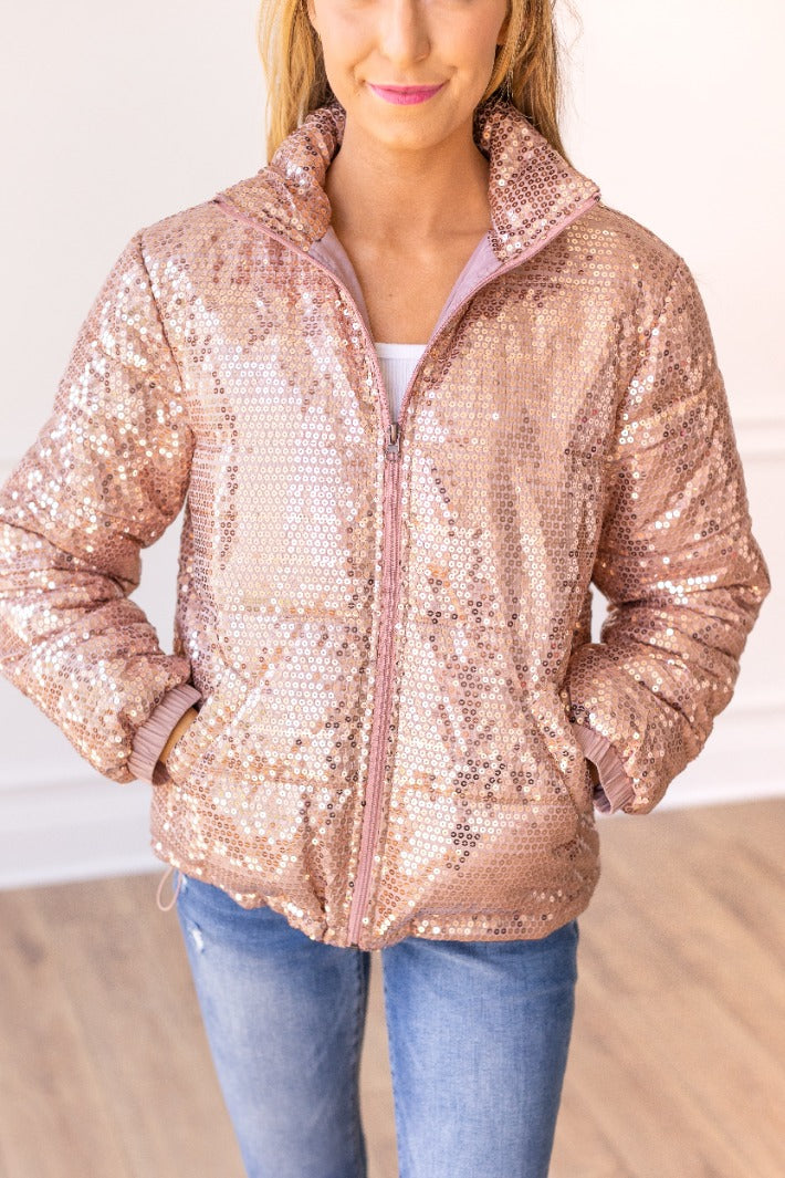 Midnight Trails Sequin Puffer in Rose Gold