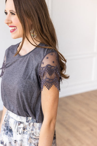 Brooke's Simple Tee with Crochet Lace Short Sleeves in Grey