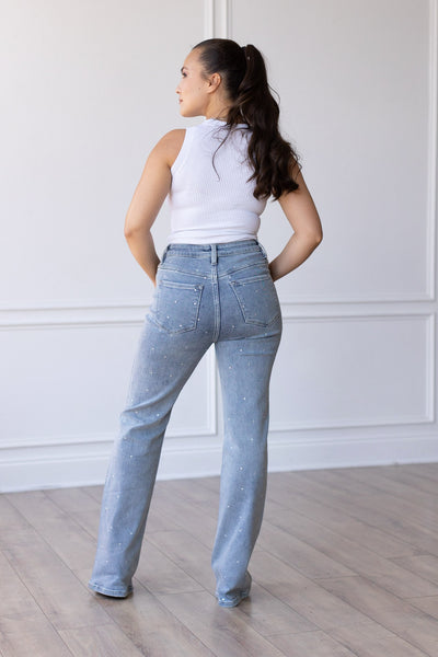 The Haley Light Wash Crystal Studded Straight Leg Jeans