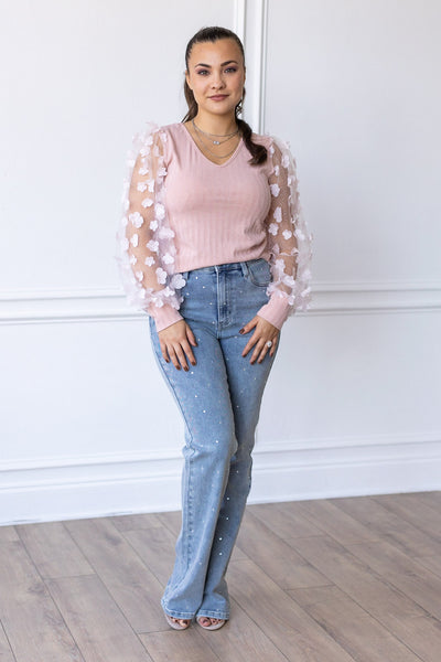 Love Blooms Pink Mesh Sleeve Top