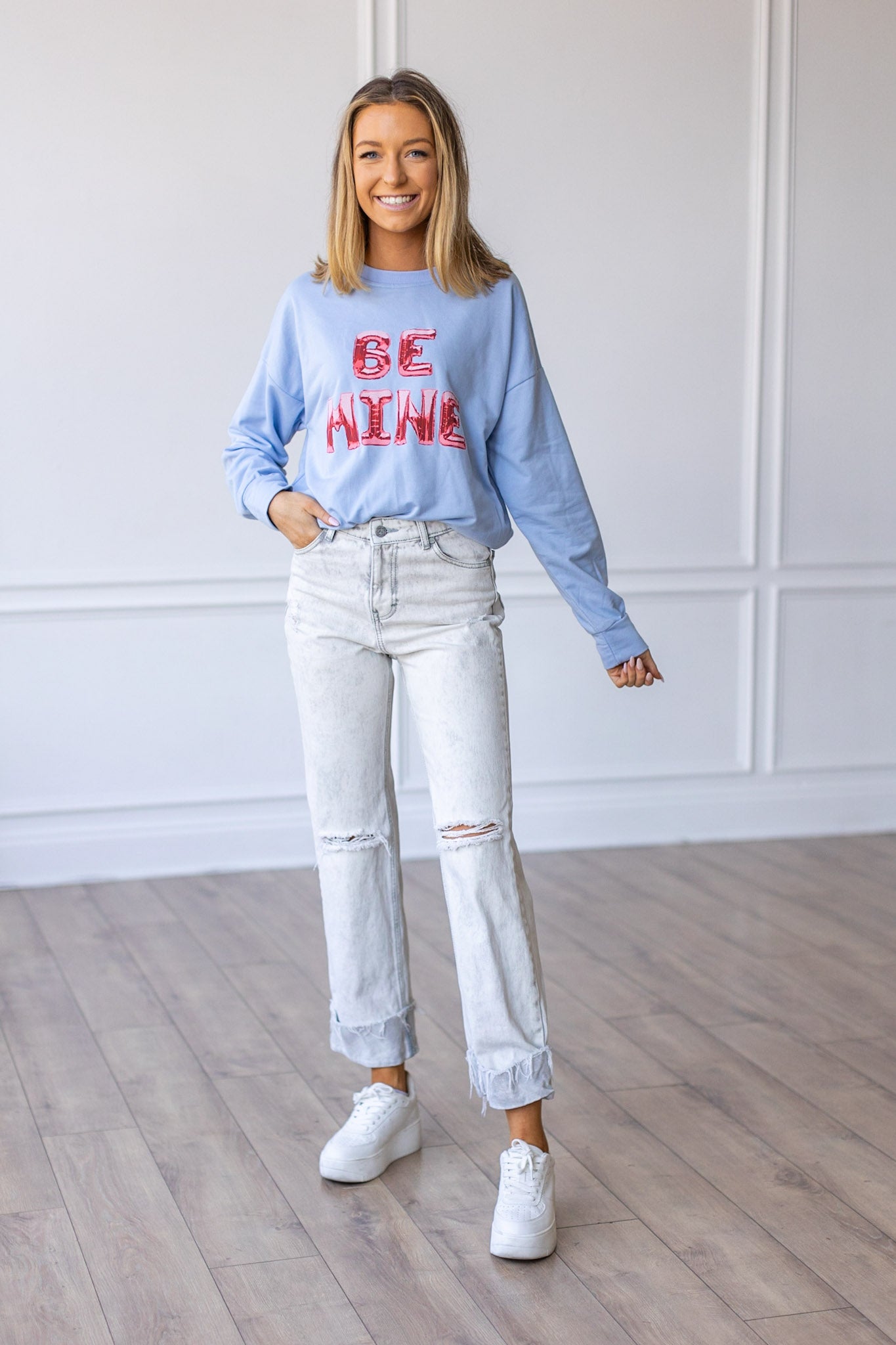 Be Mine Balloons on Light-Blue Crewneck Sweatshirt