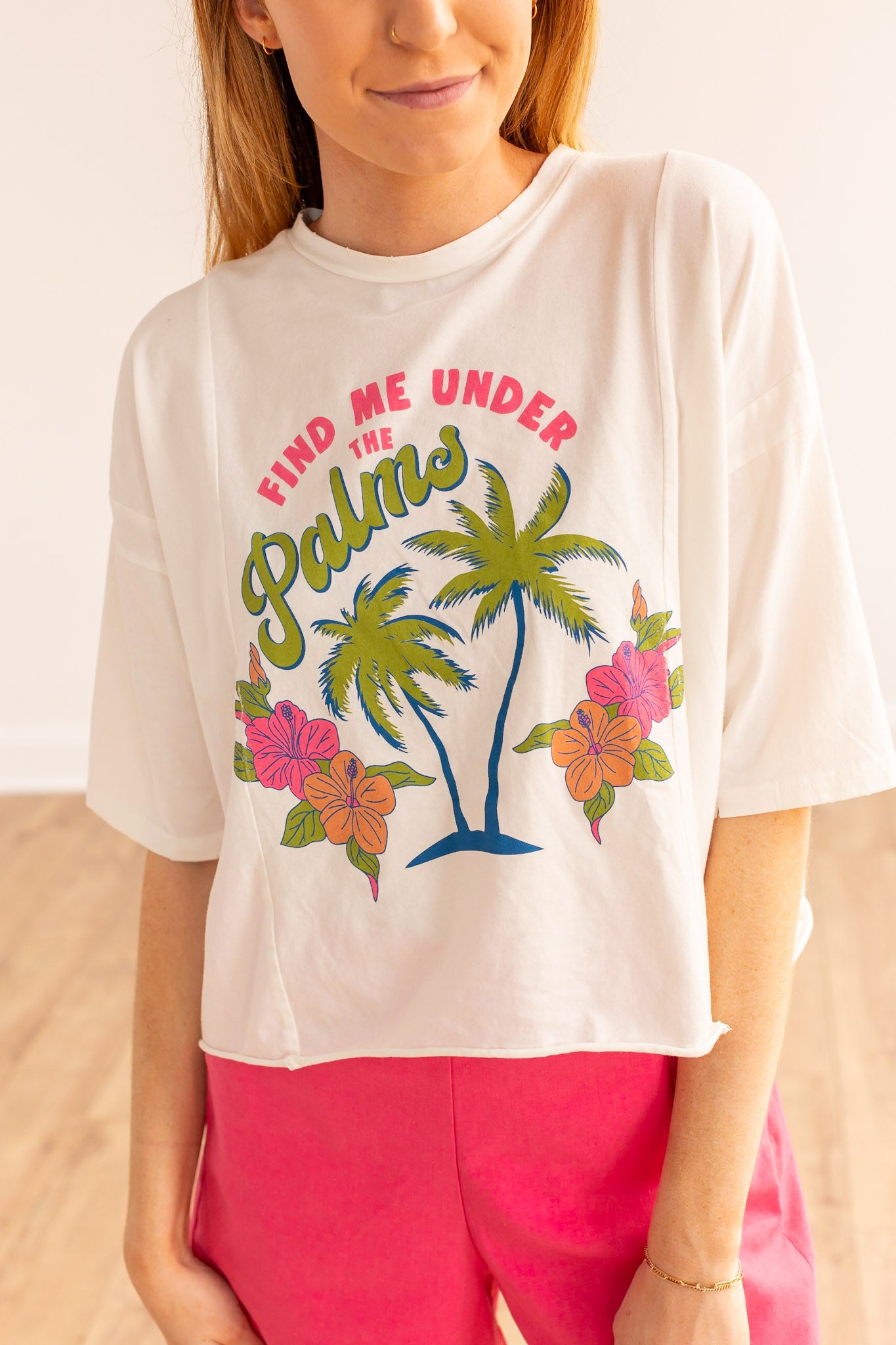Find Me Under the Palms on Boxy Crop in White