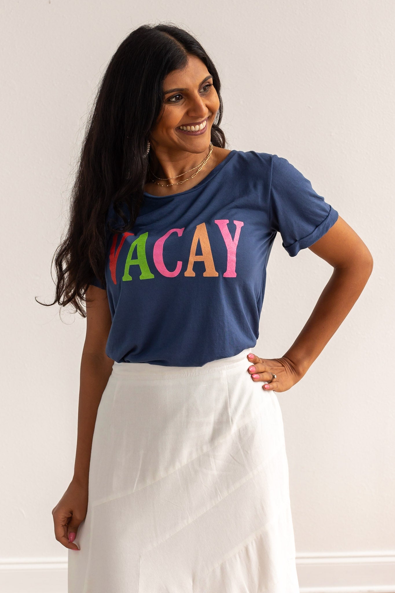 The Vacay on Navy Crewneck Cuff Tee – Sail Away in Playful Comfort