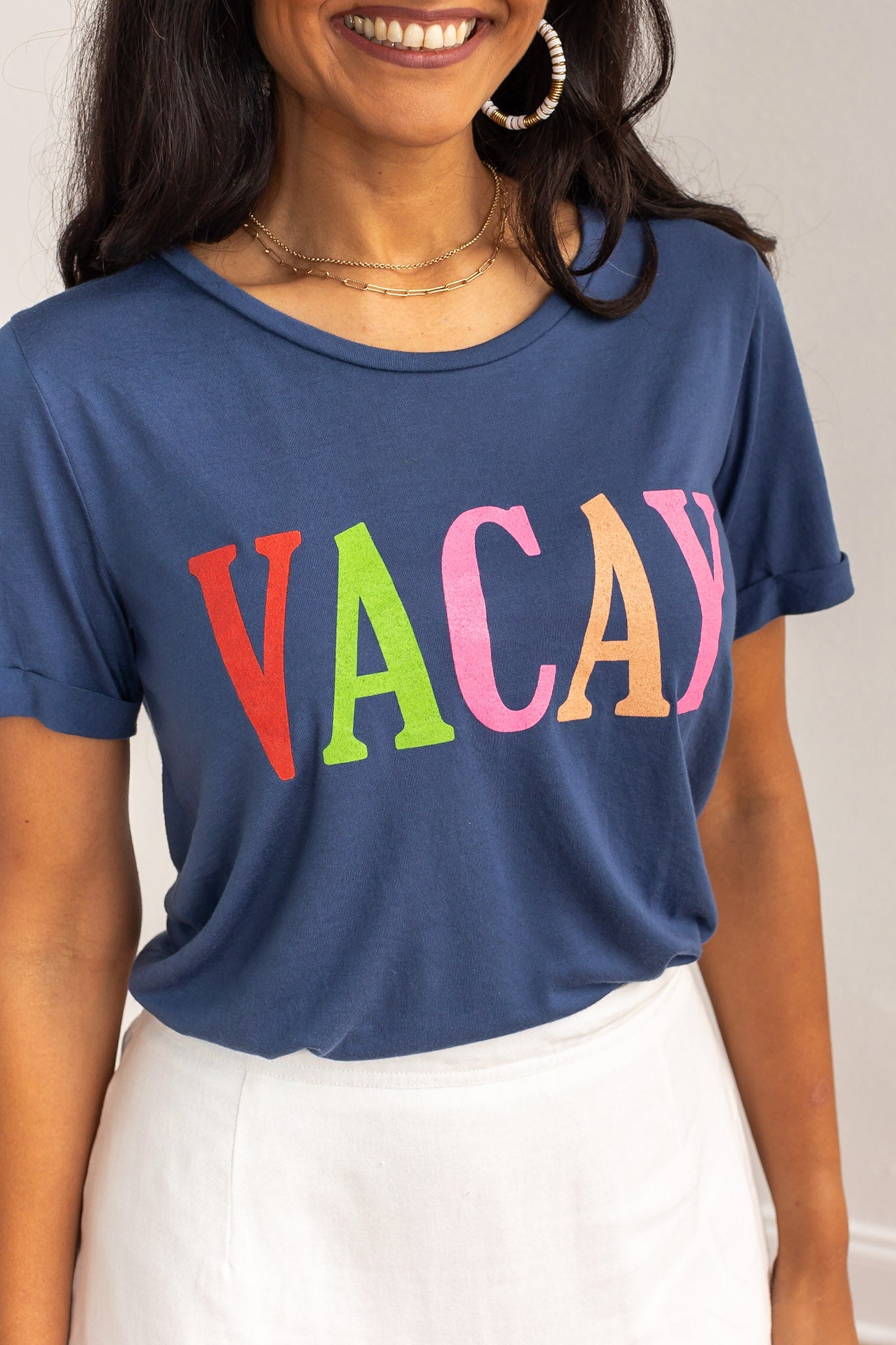 The Vacay on Navy Crewneck Cuff Tee – Sail Away in Playful Comfort