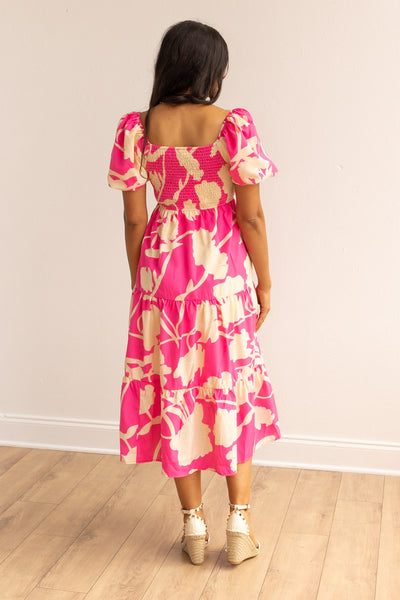 The Elizabeth Puff Sleeve Pink and Cream Dress