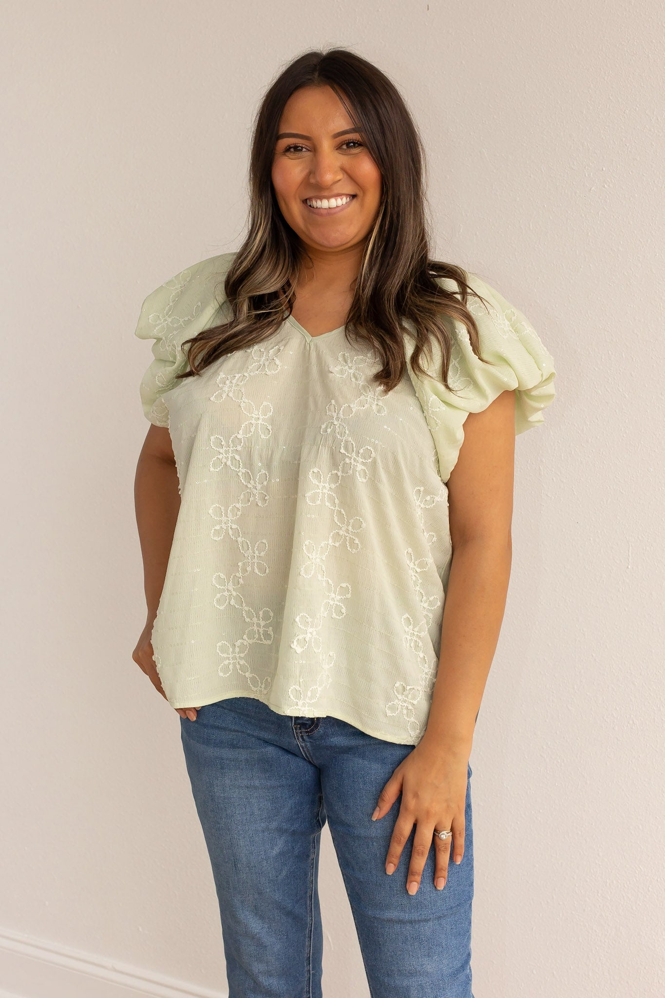 Peace Mint Whimsy Embroidered Sleeve Blouse