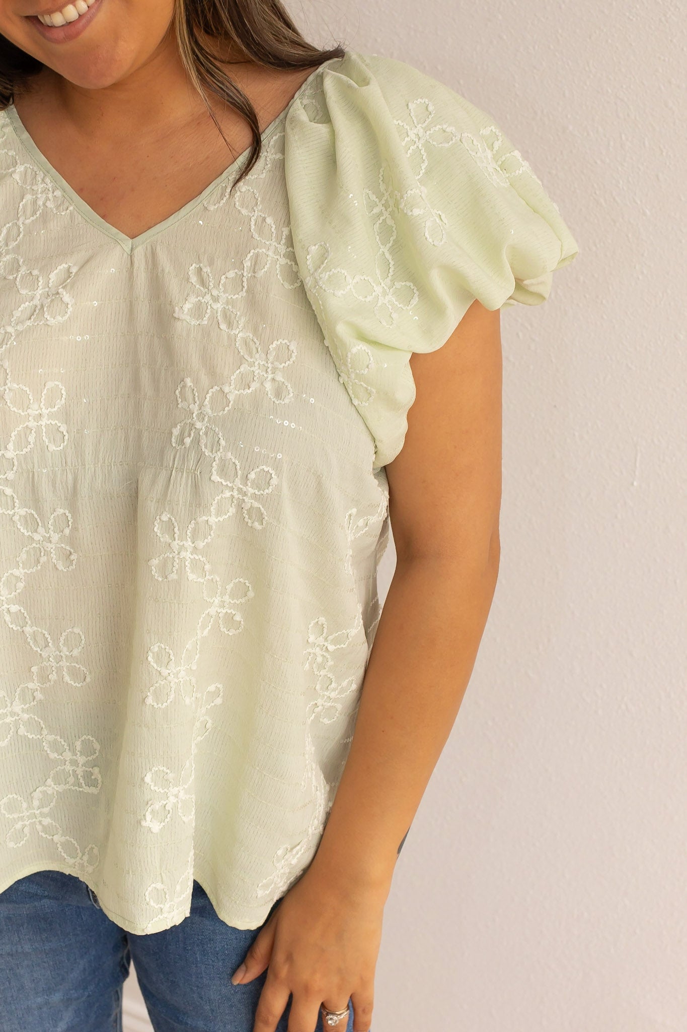 Peace Mint Whimsy Embroidered Sleeve Blouse