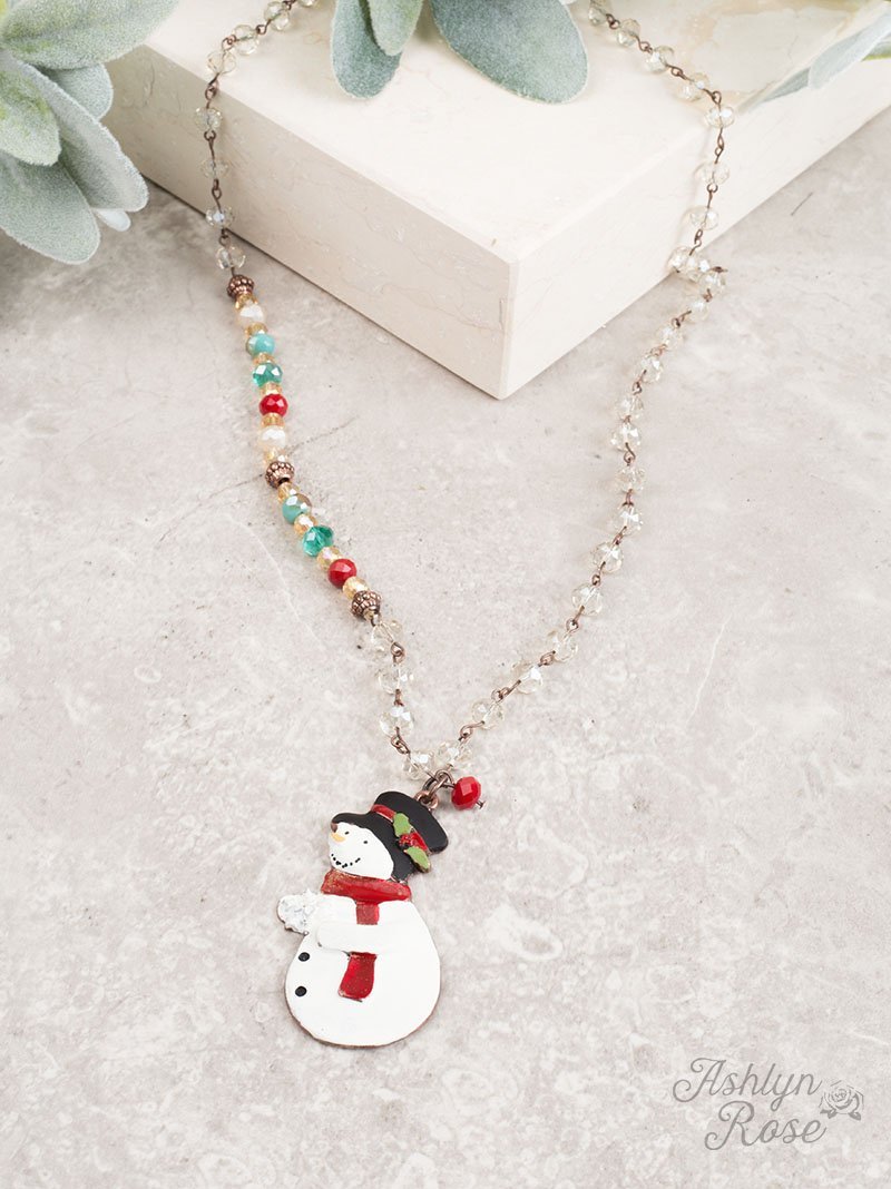 The Singing Snowman Necklace with Crystal Beading and Festive Accents, Copper