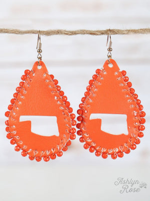 Orange Leather Teardrop Oklahoma Cutout Earrings, Gold
